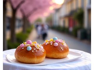 Viennoiseries de Pâques joliment décorées sur une table de café parisienne ensoleillée.
