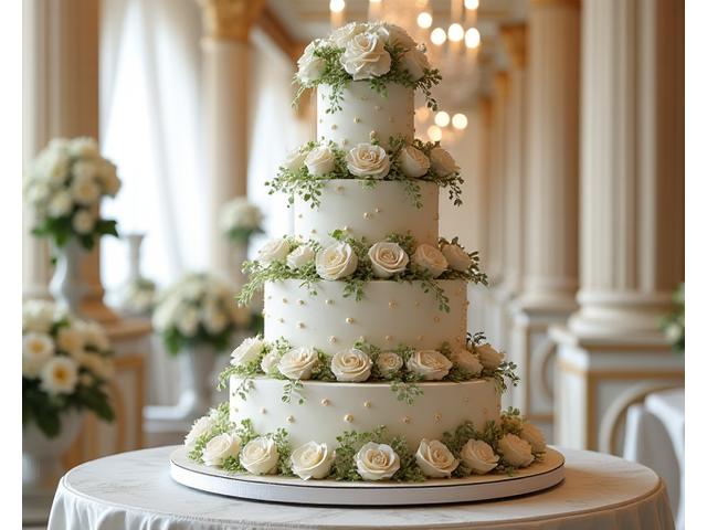 Magnificent multi-tiered wedding cake adorned with white roses and subtle gold accents at a chateau wedding