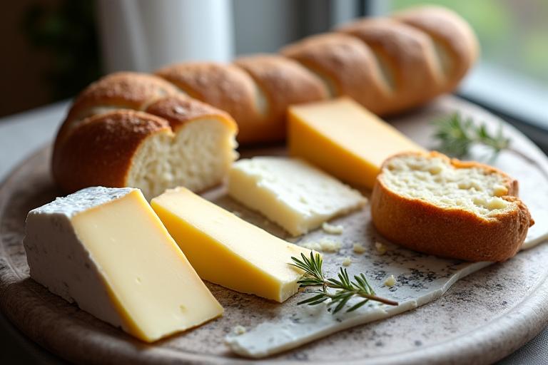 Pain et fromage sur une planche, représentant des accords parfaits