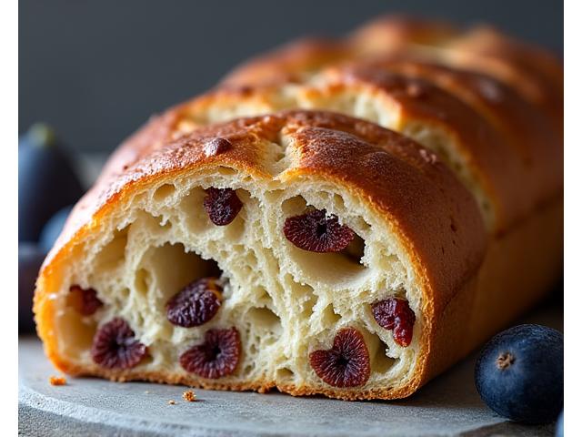 Photo d'un pain aux figues et noix, coupé, révélant les inclusions