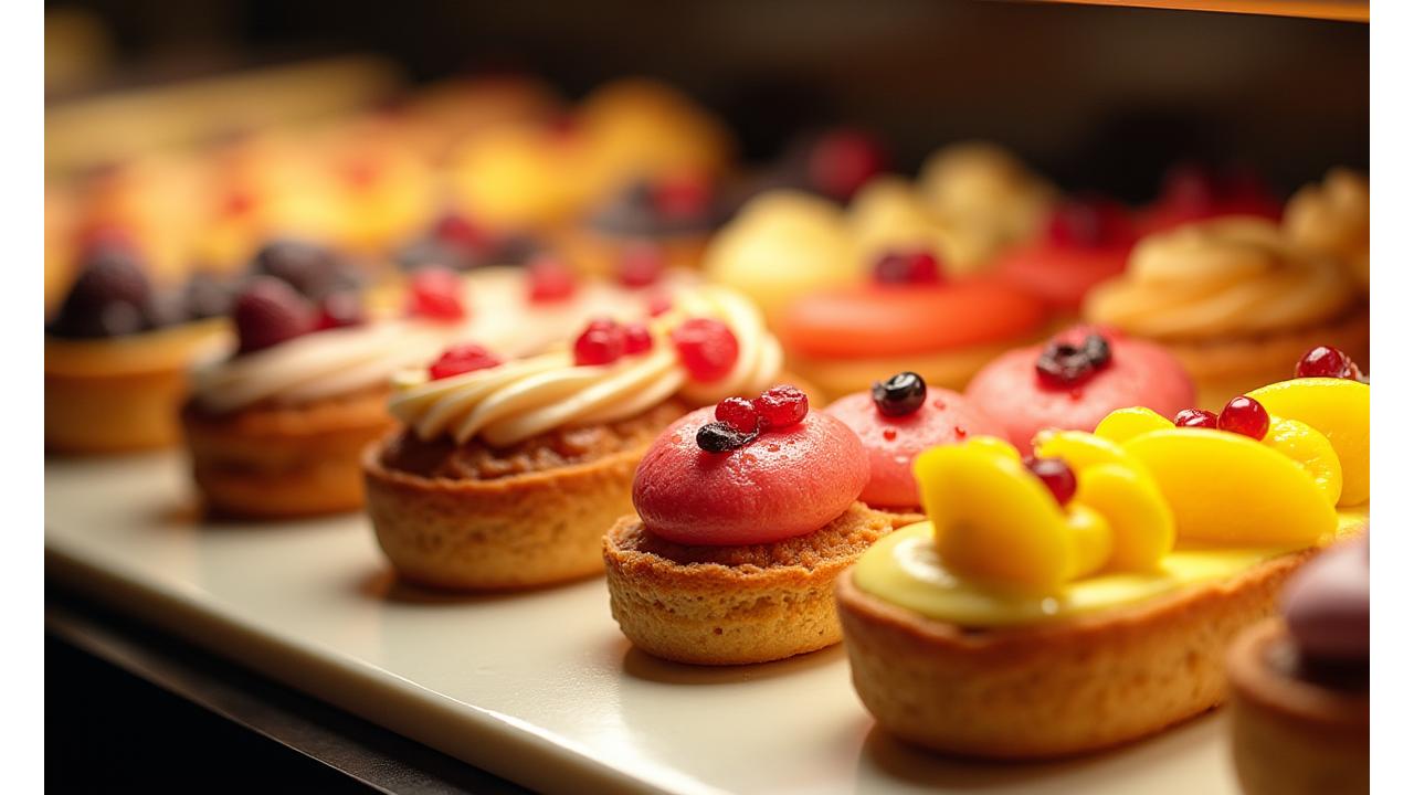 Vitrine de pâtisseries fines Blé Sauvage, avec éclairs colorés, tartelettes et entremets sous un éclairage professionnel délicat.