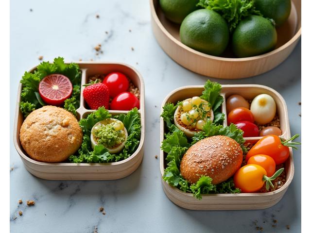 Plateaux-repas équilibrés avec salade, sandwich, dessert et fruit, prêts pour un déjeuner de séminaire