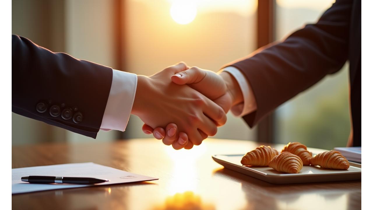 Image conceptuelle d'un partenariat B2B, avec des mains se serrant au-dessus d'une table de produits de boulangerie et de documents contractuels