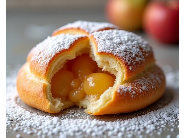 Chausson aux pommes doré, saupoudré de sucre glace, avec un filet de cannelle.
