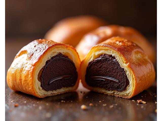 Pain au chocolat avec des barres de chocolat fondantes et un extérieur doré.